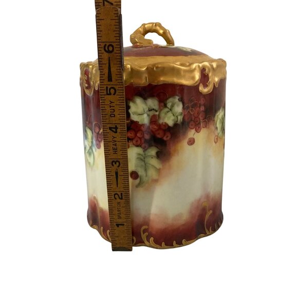 Hand Painted Porcelain Jar With Lid Featuring Berry Design & Gold Accents - Picture 8 of 9